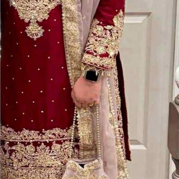 Elegant Maroon and Gold Embroidered Suit